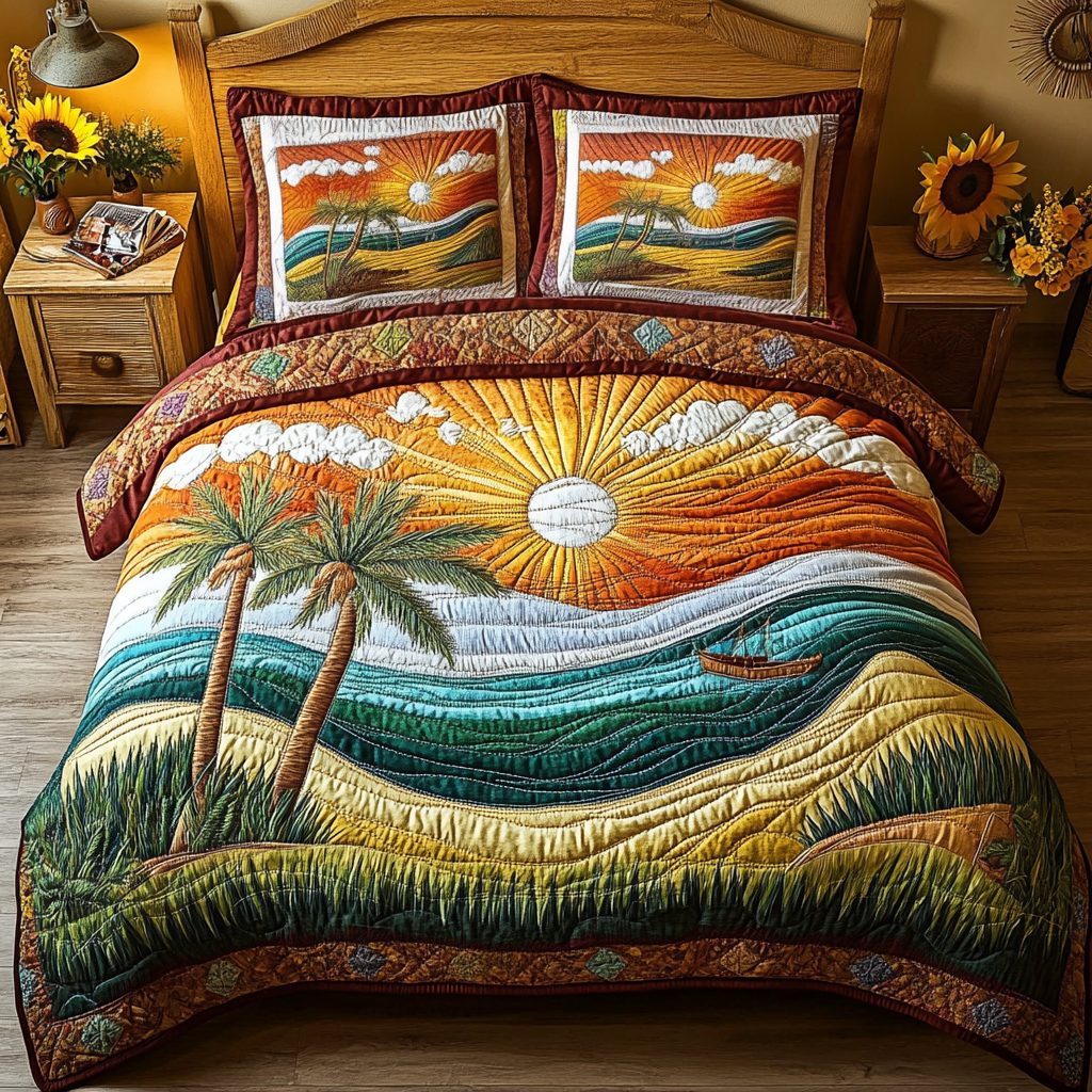 Palm Horizon quilted 3-piece bedding set on a made bed in a light coastal bedroom