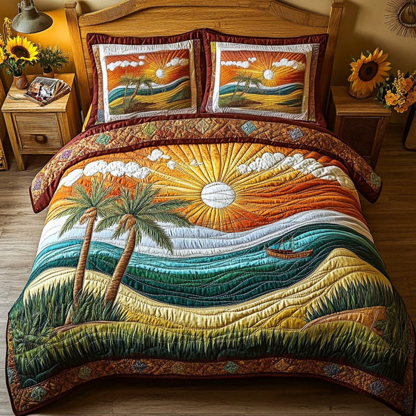 Palm Horizon quilted 3-piece bedding set on a made bed in a light coastal bedroom