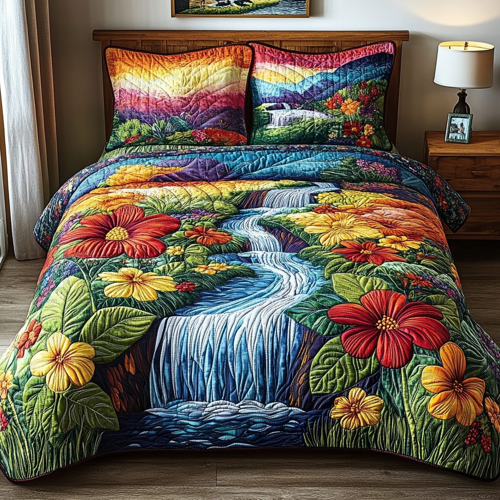 Palm Horizon quilted 3-piece bedding set on a made bed in a light coastal bedroom