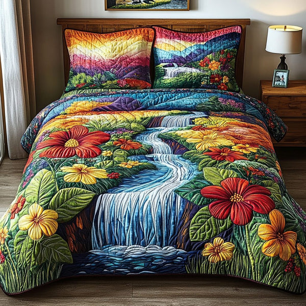 Palm Horizon quilted 3-piece bedding set on a made bed in a light coastal bedroom