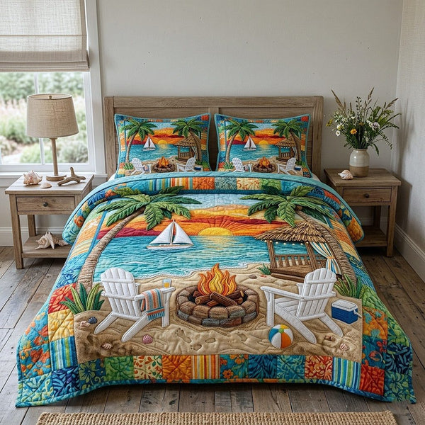 Palm Paradise quilted 3-piece bedding set on a made bed in a light coastal bedroom