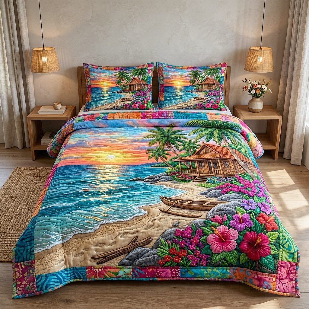 Palm Paradise quilted 3-piece bedding set on a made bed in a light coastal bedroom