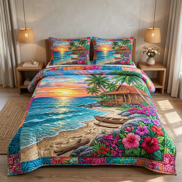 Palm Paradise quilted 3-piece bedding set on a made bed in a light coastal bedroom