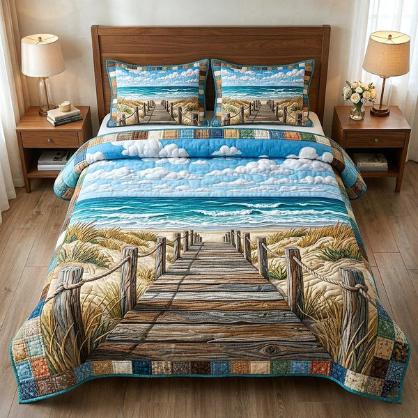 Palm Paradise quilted 3-piece bedding set on a made bed in a light coastal bedroom