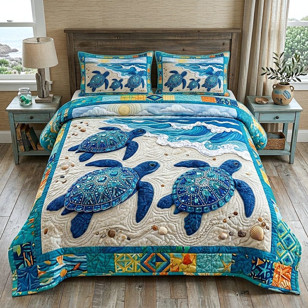 Palm Paradise quilted 3-piece bedding set on a made bed in a light coastal bedroom