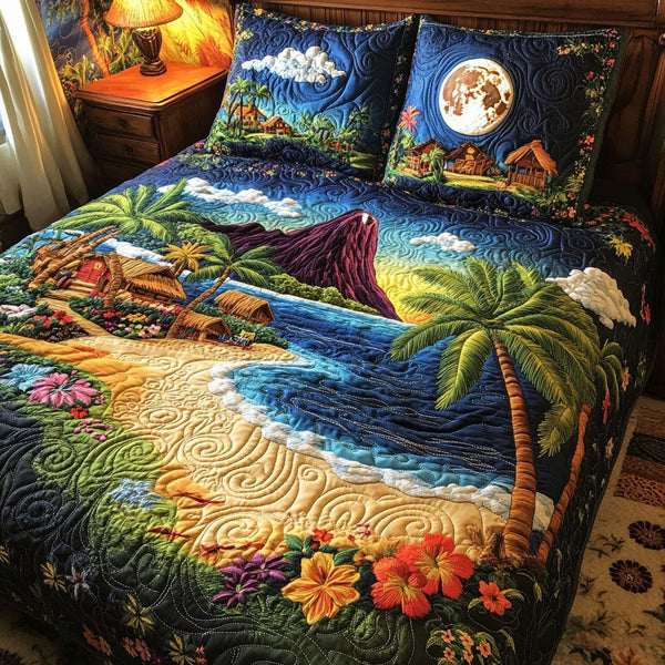 Palm Paradise quilted 3-piece bedding set on a made bed in a light coastal bedroom