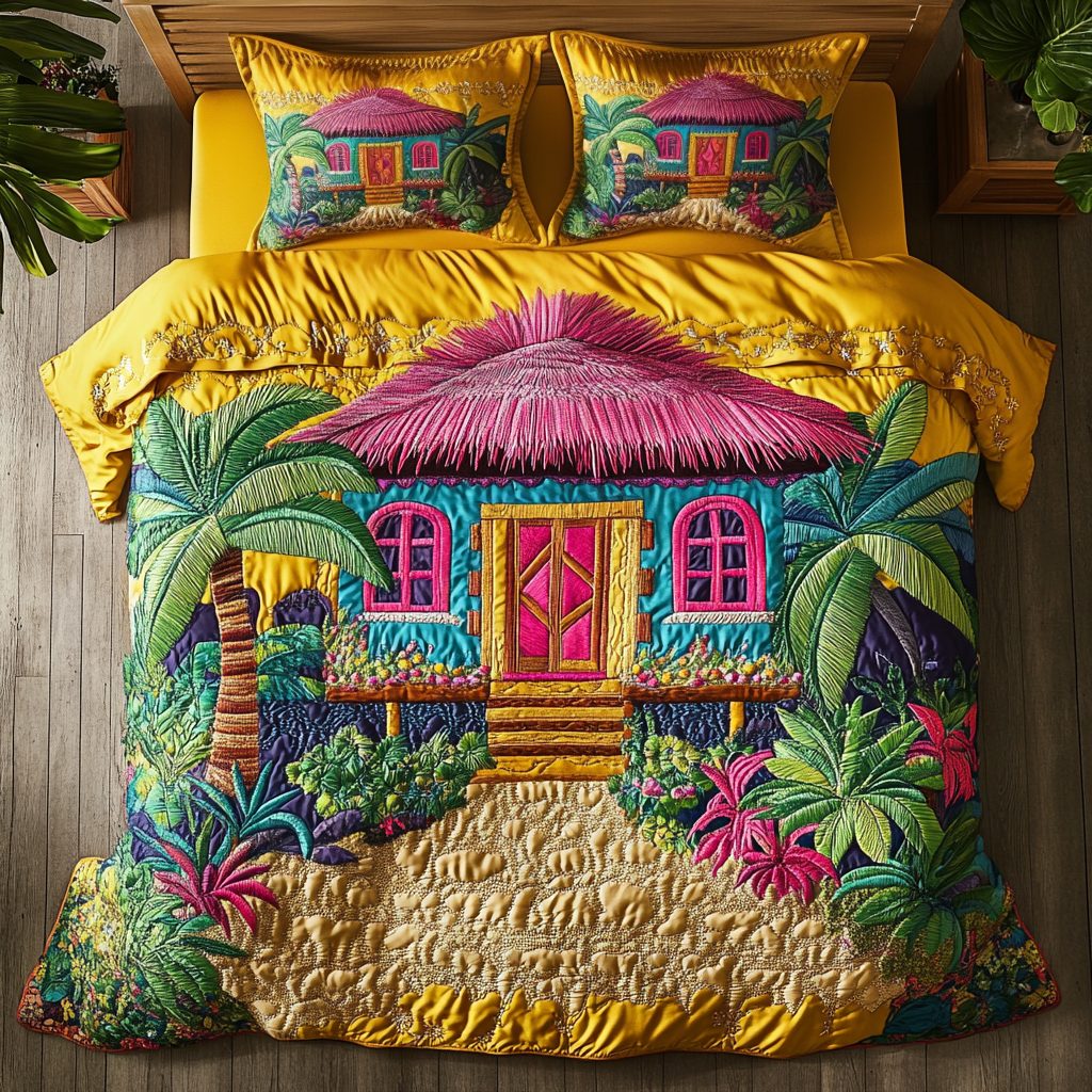 Palm Paradise quilted 3-piece bedding set on a made bed in a light coastal bedroom