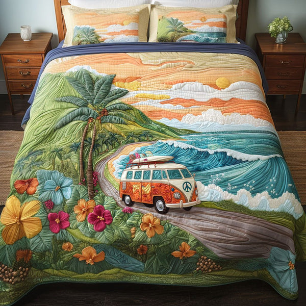 Palm Pathway Adventure quilted 3-piece bedding set on a made bed in a winter-styled bedroom