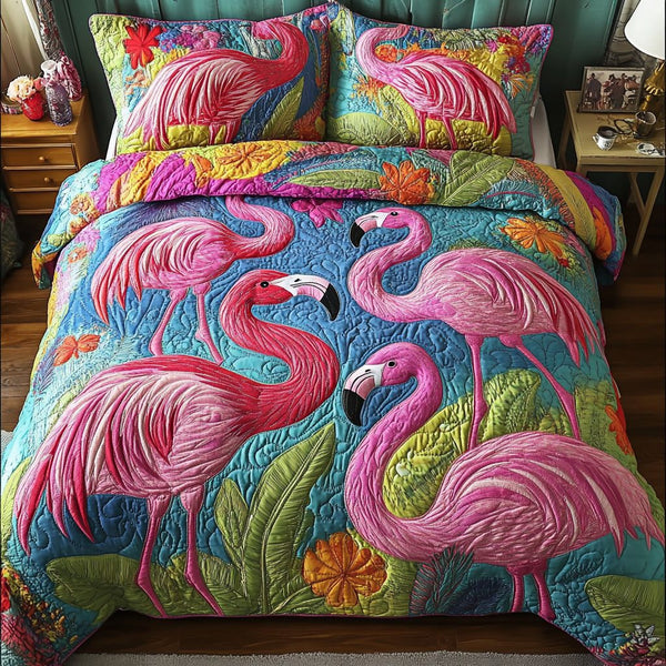 Palm Romance quilted 3-piece bedding set on a made bed in a light coastal bedroom