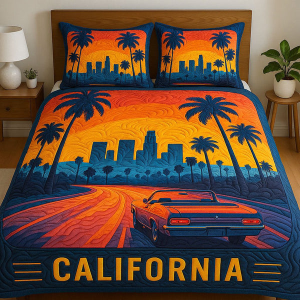 Palm Vista quilted 3-piece bedding set on a made bed in a light coastal bedroom