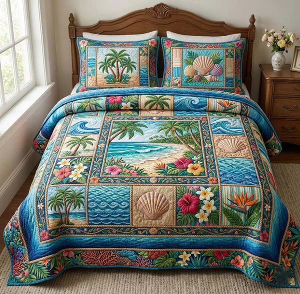 Palm Whisper quilted 3-piece bedding set on a made bed in a light coastal bedroom