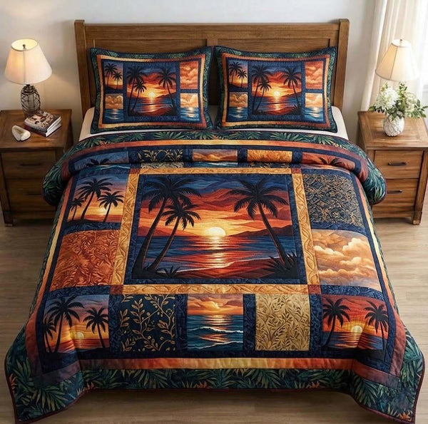 Palm Whisper quilted 3-piece bedding set on a made bed in a light coastal bedroom