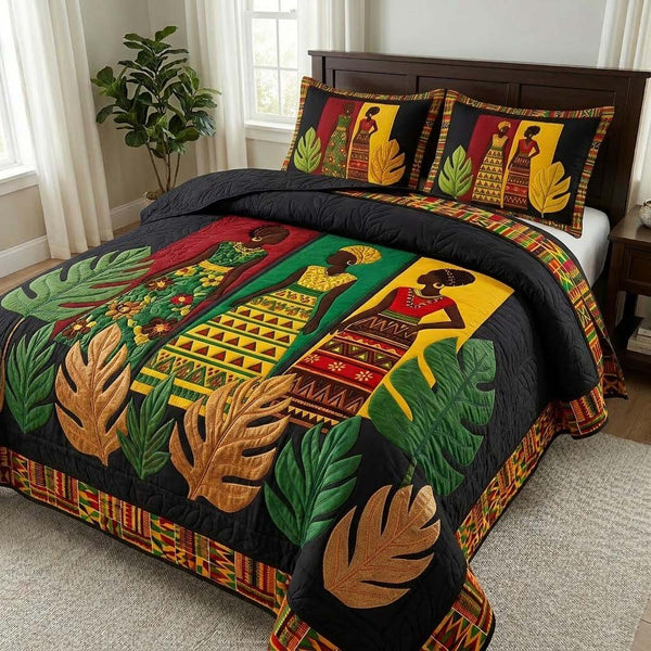 Palms Women quilted 3-piece bedding set on a made bed with two matching pillow shams
