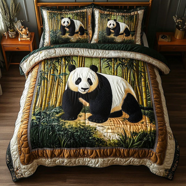 Panda Bamboo Forest quilted 3-piece bedding set on a made bed with two matching pillow shams