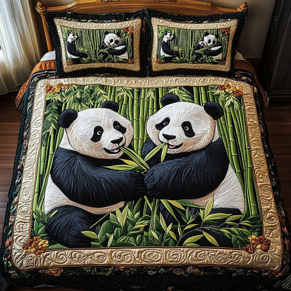 Panda Duo Bliss quilted 3-piece bedding set on a made bed with two matching pillow shams