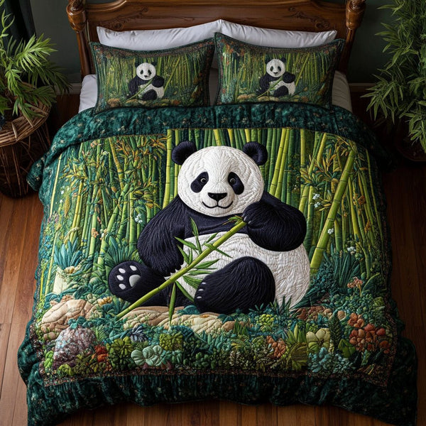 Panda Garden Peace quilted 3-piece bedding set on a made bed with two matching pillow shams