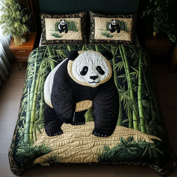 Panda Green Haven quilted 3-piece bedding set on a made bed with two matching pillow shams