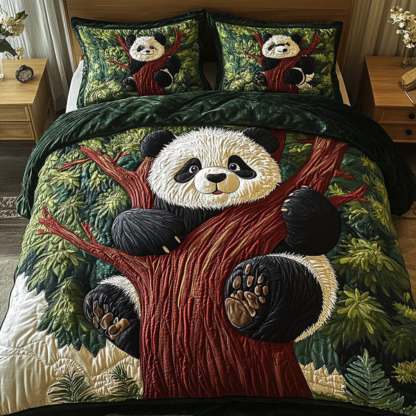Panda Haven quilted 3-piece bedding set on a made bed with two matching pillow shams