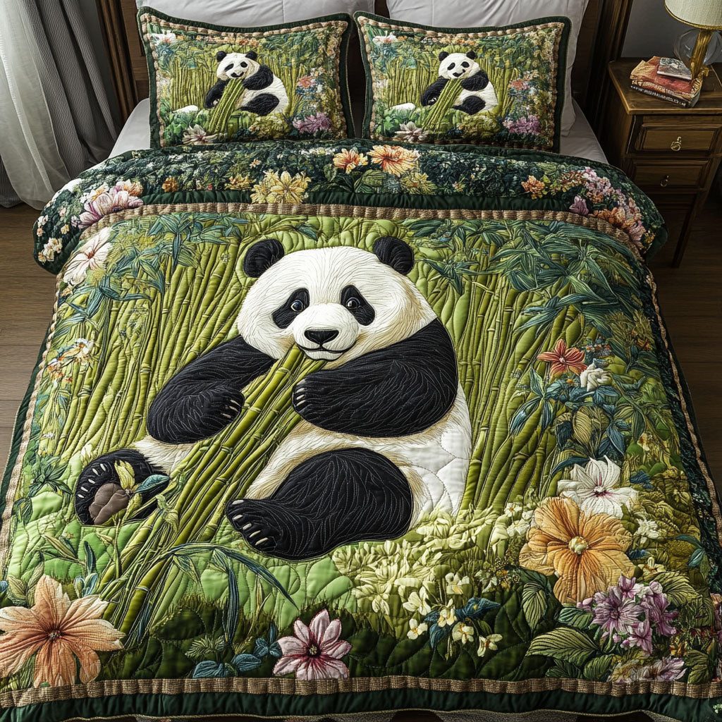 Panda Paradise quilted 3-piece bedding set on a made bed with two matching pillow shams