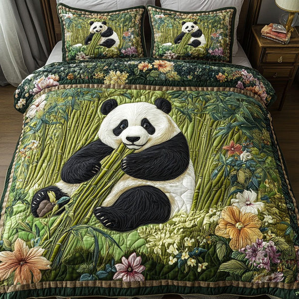 Panda Paradise quilted 3-piece bedding set on a made bed with two matching pillow shams