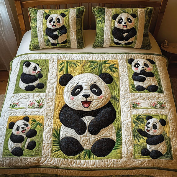 Panda Patchwork Dreams quilted 3-piece bedding set on a made bed in a farmhouse bedroom