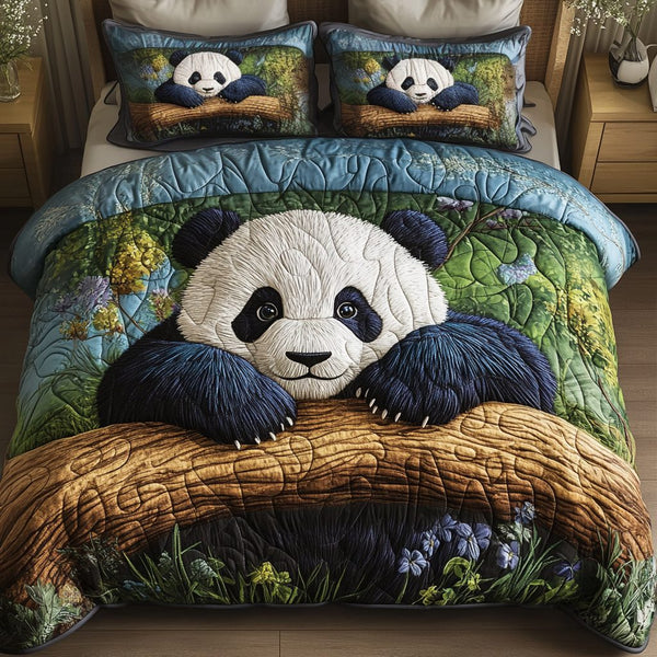 Panda Retreat quilted 3-piece bedding set on a made bed with two matching pillow shams