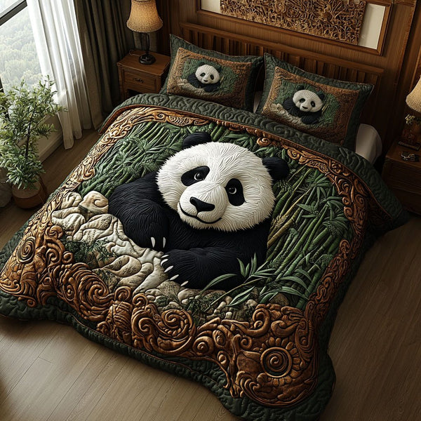 Panda Serenity Hug quilted 3-piece bedding set on a made bed with two matching pillow shams