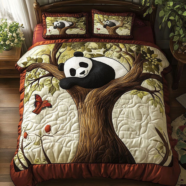 Panda Tree Nap quilted 3-piece bedding set on a made bed with two matching pillow shams