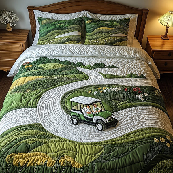 Par for the Night quilted 3-piece bedding set on a made bed with two matching pillow shams