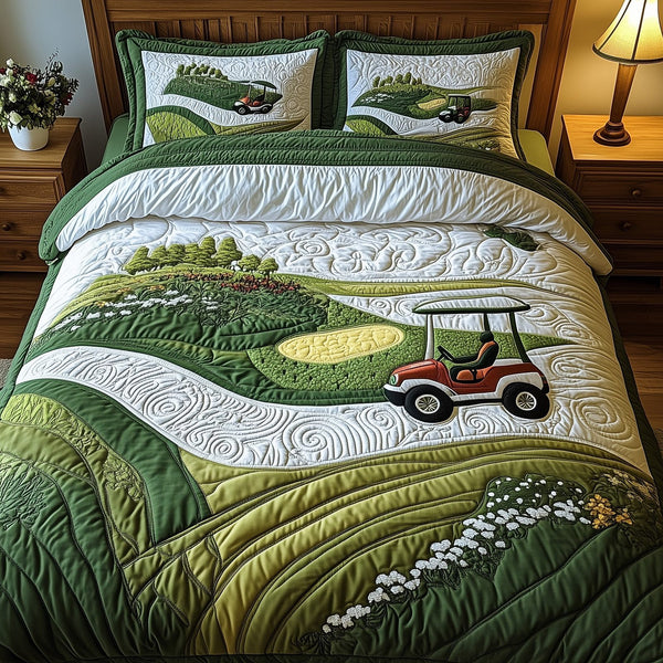 Par for the Night quilted 3-piece bedding set on a made bed with two matching pillow shams