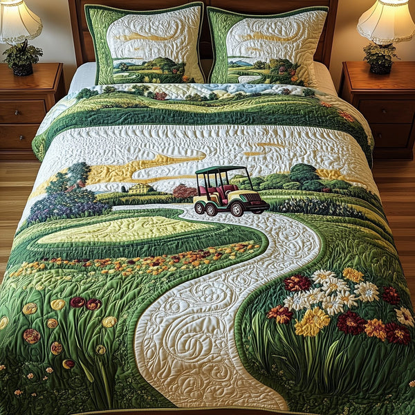Par for the Night quilted 3-piece bedding set on a made bed with two matching pillow shams
