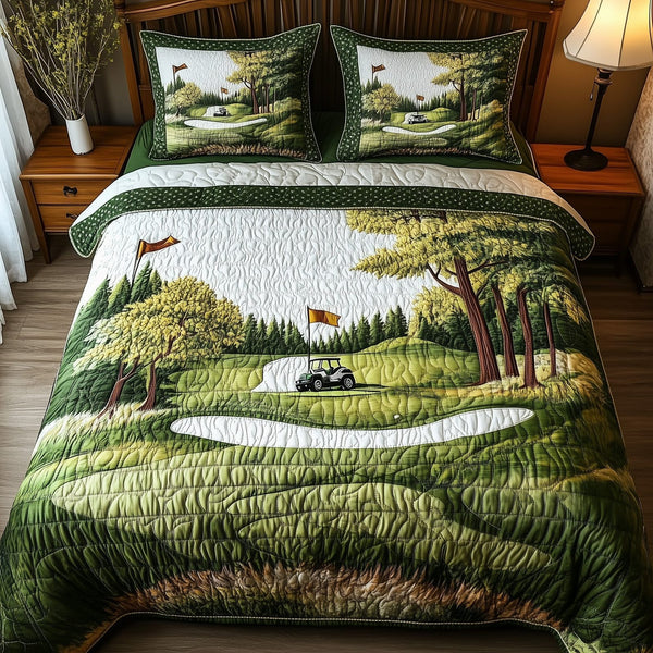 Par for the Night quilted 3-piece bedding set on a made bed with two matching pillow shams