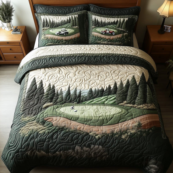 Par for the Night quilted 3-piece bedding set on a made bed with two matching pillow shams