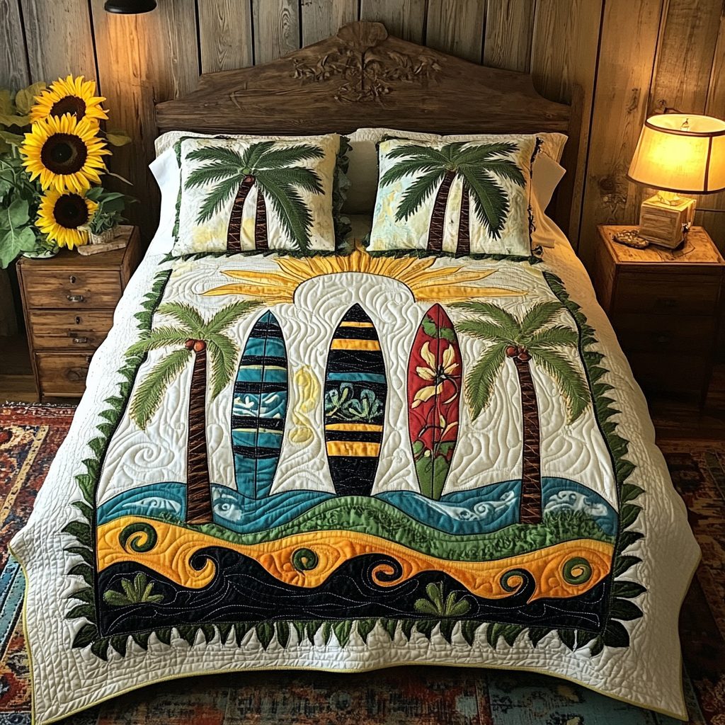 Paradise Bay quilted 3-piece bedding set on a made bed in a light coastal bedroom