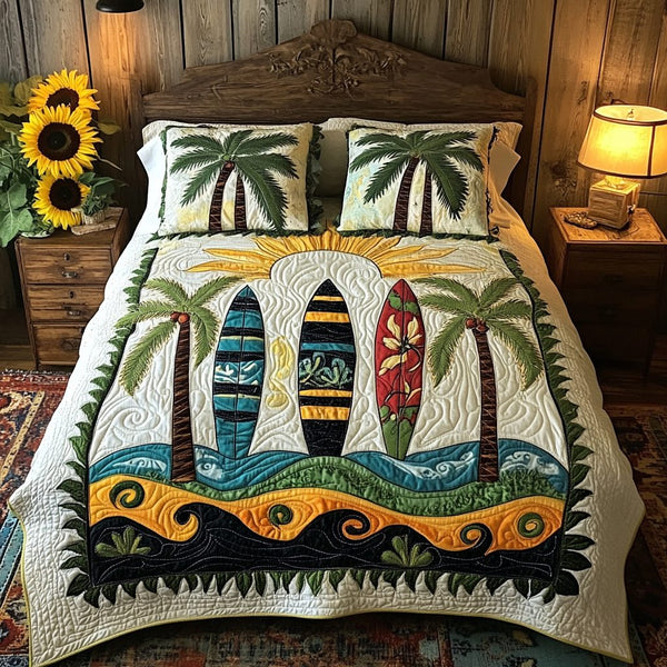 Paradise Bay quilted 3-piece bedding set on a made bed in a light coastal bedroom