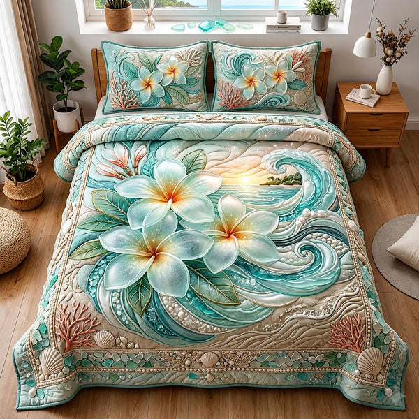 Paradise Blossom quilted 3-piece bedding set on a made bed with two matching pillow shams