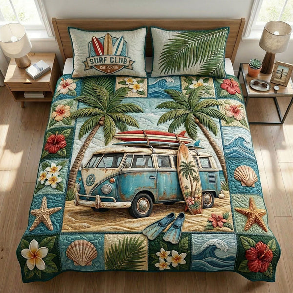 Paradise Coast quilted 3-piece bedding set on a made bed with two matching pillow shams