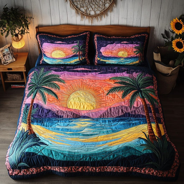 Paradise Cove quilted 3-piece bedding set on a made bed with two matching pillow shams