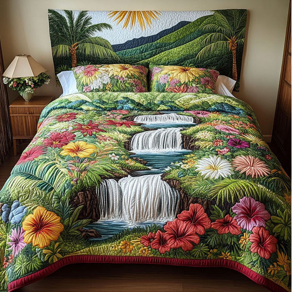 Paradise Escape quilted 3-piece bedding set on a made bed with two matching pillow shams