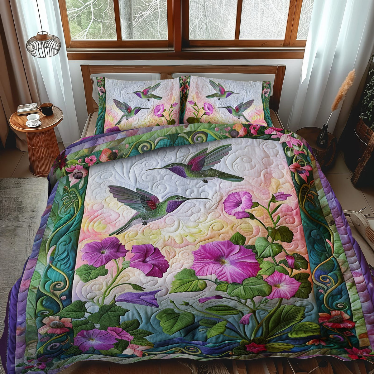 Paradise Flight quilted 3-piece bedding set on a made bed with two matching pillow shams