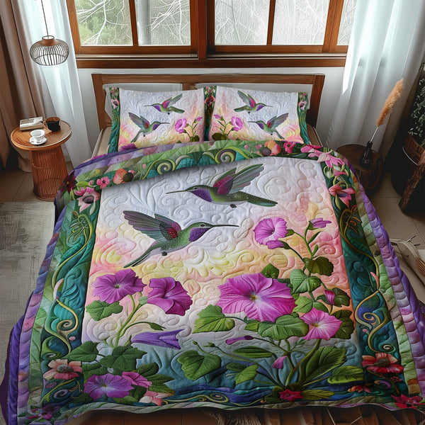 Paradise Flight quilted 3-piece bedding set on a made bed with two matching pillow shams