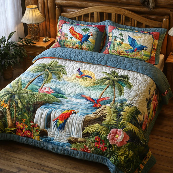 Paradise Flow quilted 3-piece bedding set on a made bed with two matching pillow shams