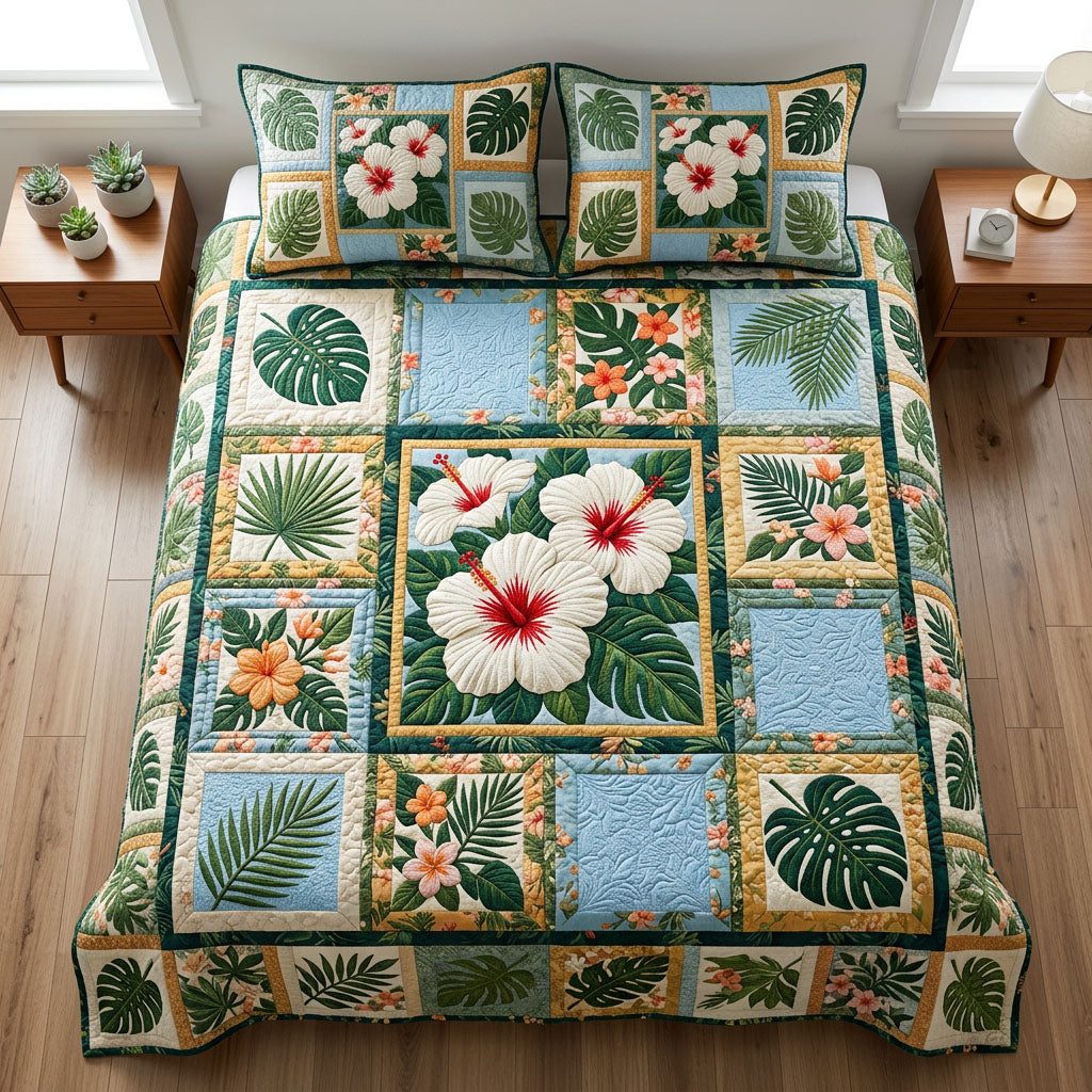 Paradise Hibiscus quilted 3-piece bedding set on a made bed with two matching pillow shams