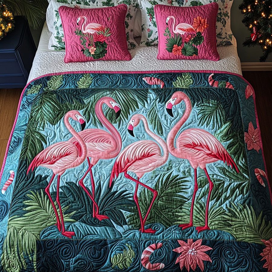 Paradise Melody quilted 3-piece bedding set on a made bed with two matching pillow shams