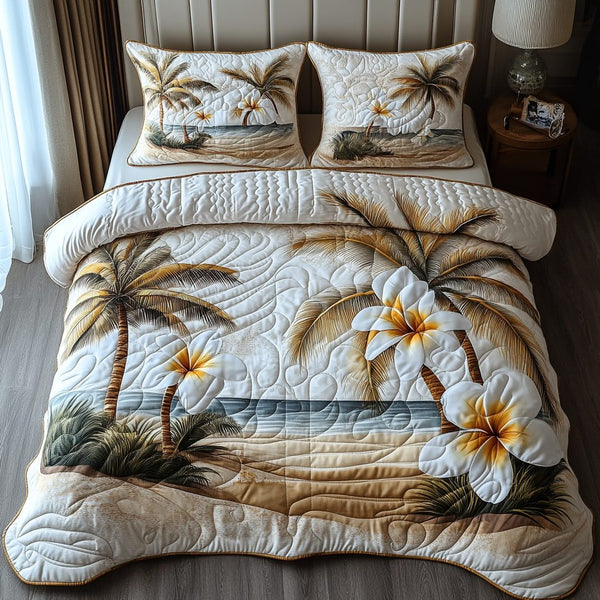 Paradise Petals quilted 3-piece bedding set on a made bed with two matching pillow shams