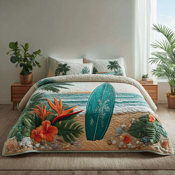 Paradise Sands quilted 3-piece bedding set on a made bed with two matching pillow shams
