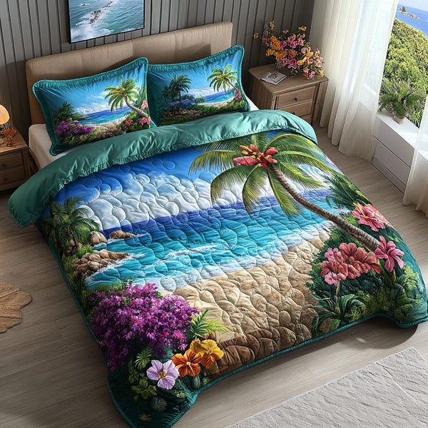 Paradise Shores quilted 3-piece bedding set on a made bed in a light coastal bedroom