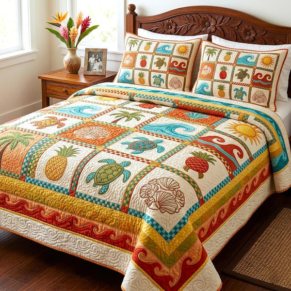 Paradise Vibes quilted 3-piece bedding set on a made bed with two matching pillow shams