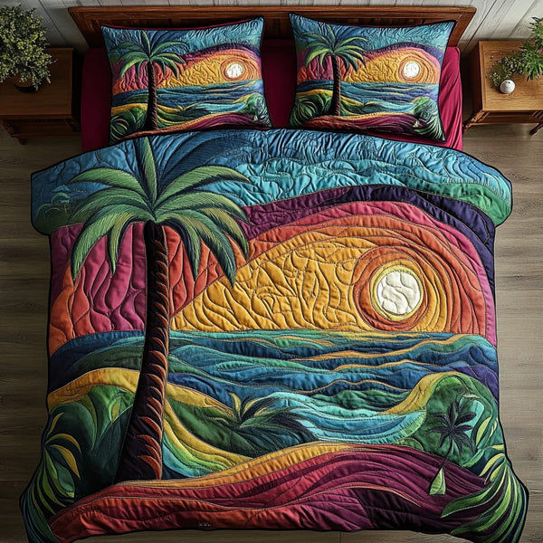 Paradise Views quilted 3-piece bedding set on a made bed with two matching pillow shams