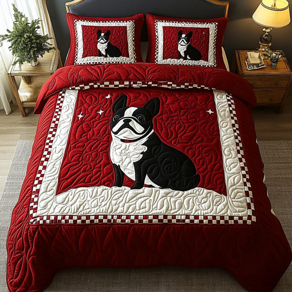 Pardon My French quilted 3-piece bedding set on a made bed with two matching pillow shams